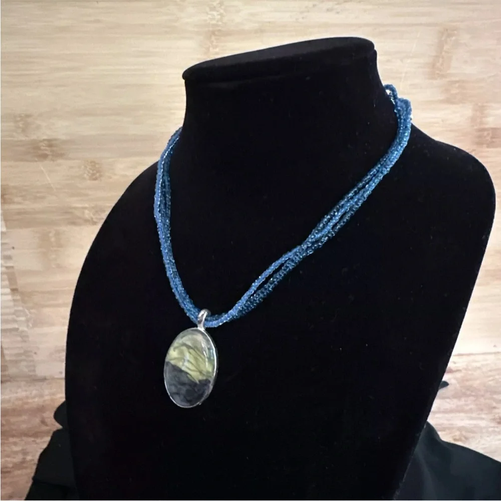 Kenneth Cole multi strand blue bead necklace with watercolor ombre pendant - Picture 3 of 7